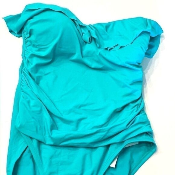 Bleu by Rod Beattie Shirred Ruffle Bandeau Mio One-Piece Swimsuit Wave size 14 - Picture 8 of 10